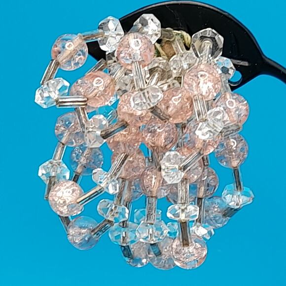 Vintage Pink Clear Waterfall Clip Earrings, Hand-Threaded, 1940s, 2" - Picture 6 of 12